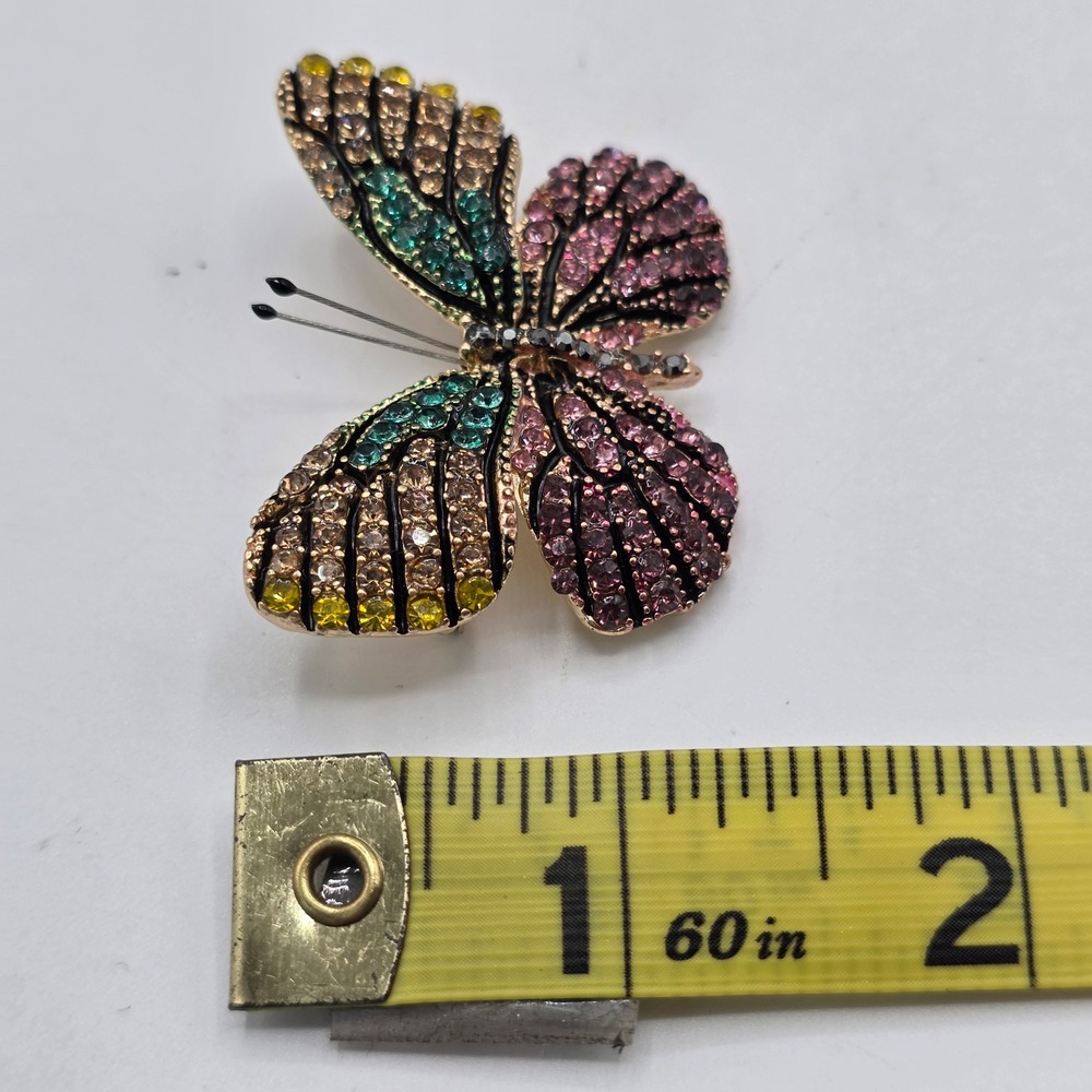 Multicolor Rhinestone Butterfly Brooch Gold Tone Crystal Insect Pin 2 Inch - Picture 7 of 8